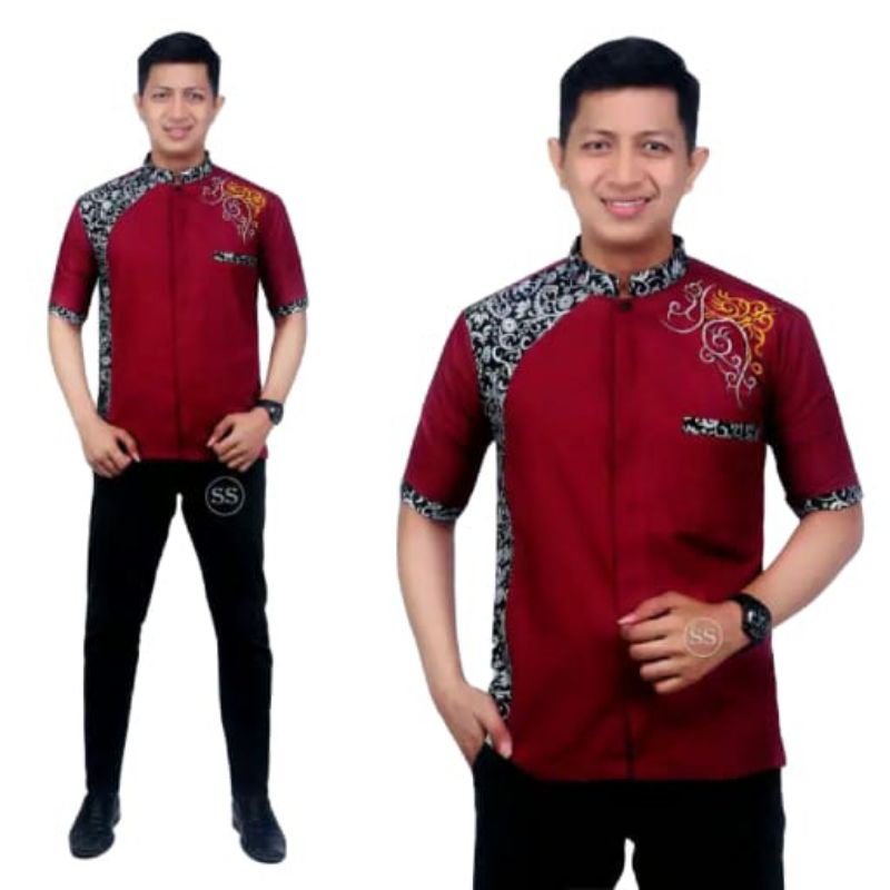 Kemeja kombinasi batik lengan pendek