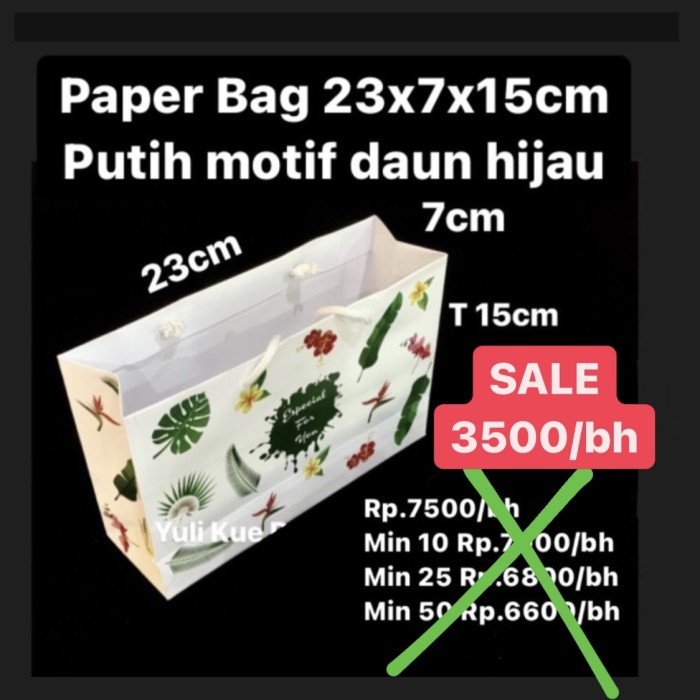 

NEW Paper Bag 23x7x15cm Putih Motif daun hijau