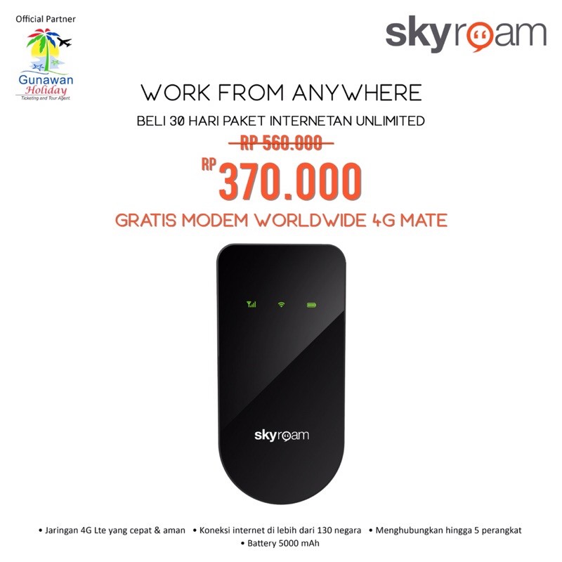 30 Hari Internet Unlimited Skyroam Free Modem WorldWide
