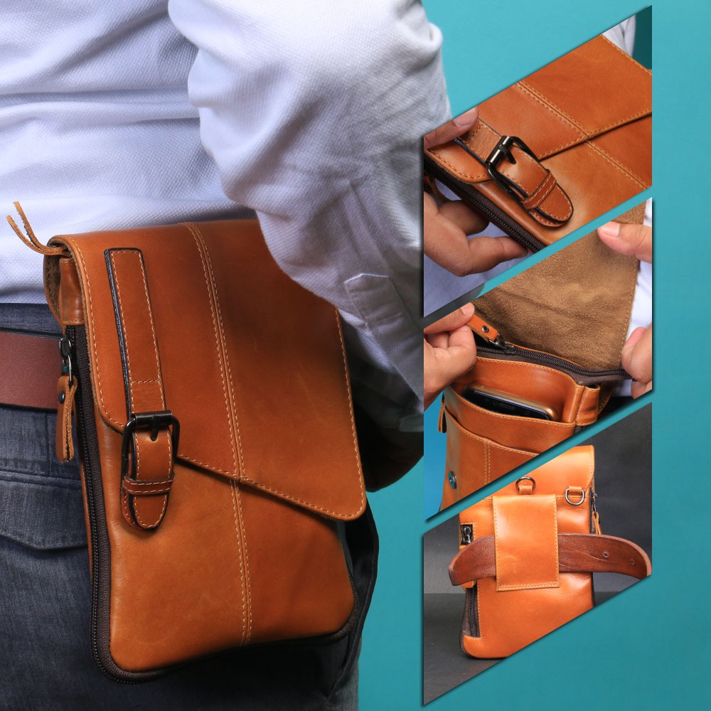 Tas Selempang Pria Kulit Asli Tas Slempang Pria Kulit Waistbag Pria Tas HP Selempang Genuine Leather Multifungsi For Smartphone Bahan Kulit Sapi Asli P061 GARANSI ORIGINAL