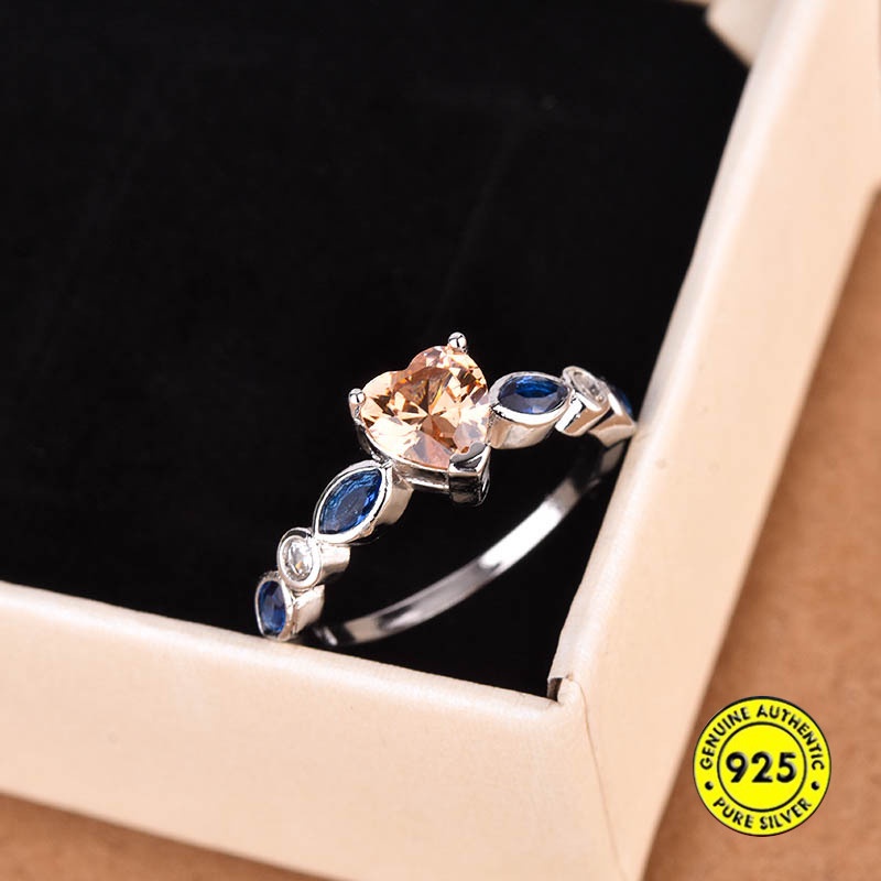 Cincin Sterling Silver 925 Dengan Topaz Bentuk Hati Warna Biru Laut Untuk Wanita