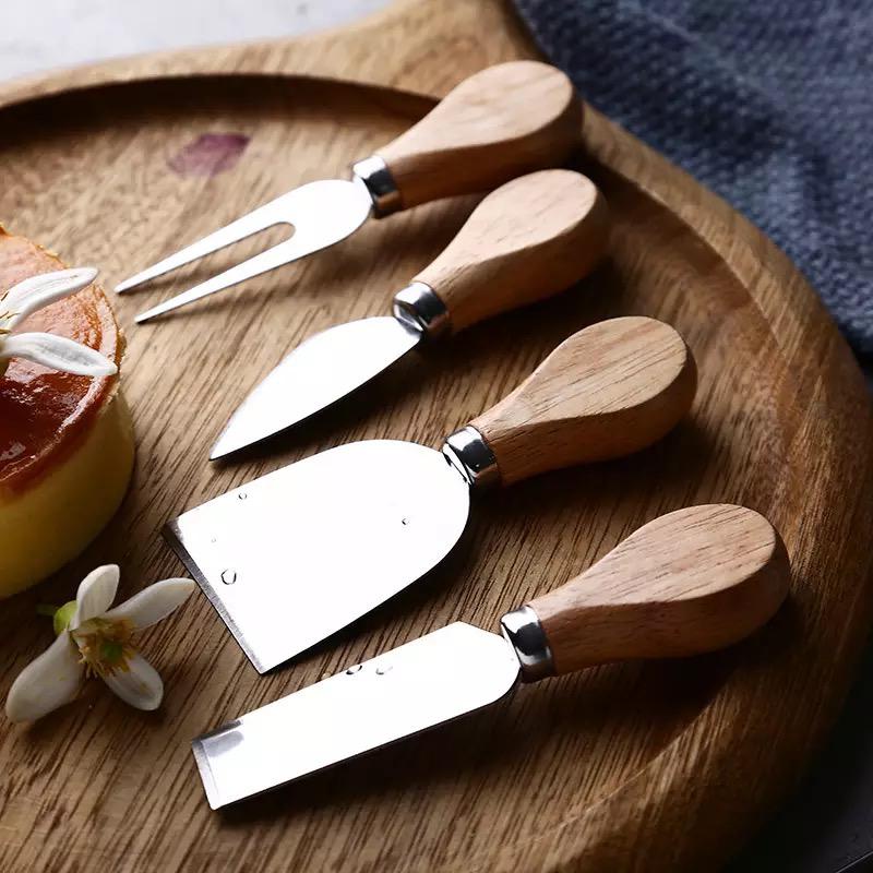 wood cheese board set cutter slicer knife cutlery / pemotong keju butter mini / knive kitchen tools 4pcs oak bamboo wooden handle