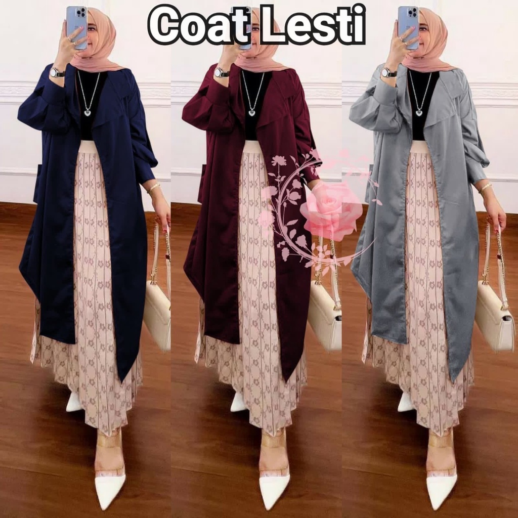 COAT LESTI/ LONG COAT PREMIUM BEST SELLER/ CARDIGAN PANJANG WANITA MUSLIMAH MOSSCREPE