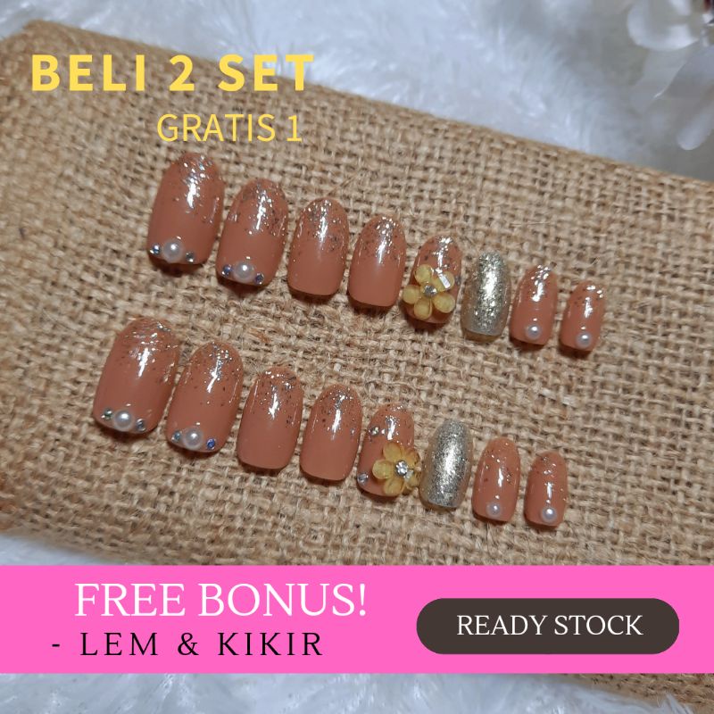 Kuku Palsu Fake Nails  FREE LEM Nail Art 3D Wedding Coklat Susu Nude Handmade