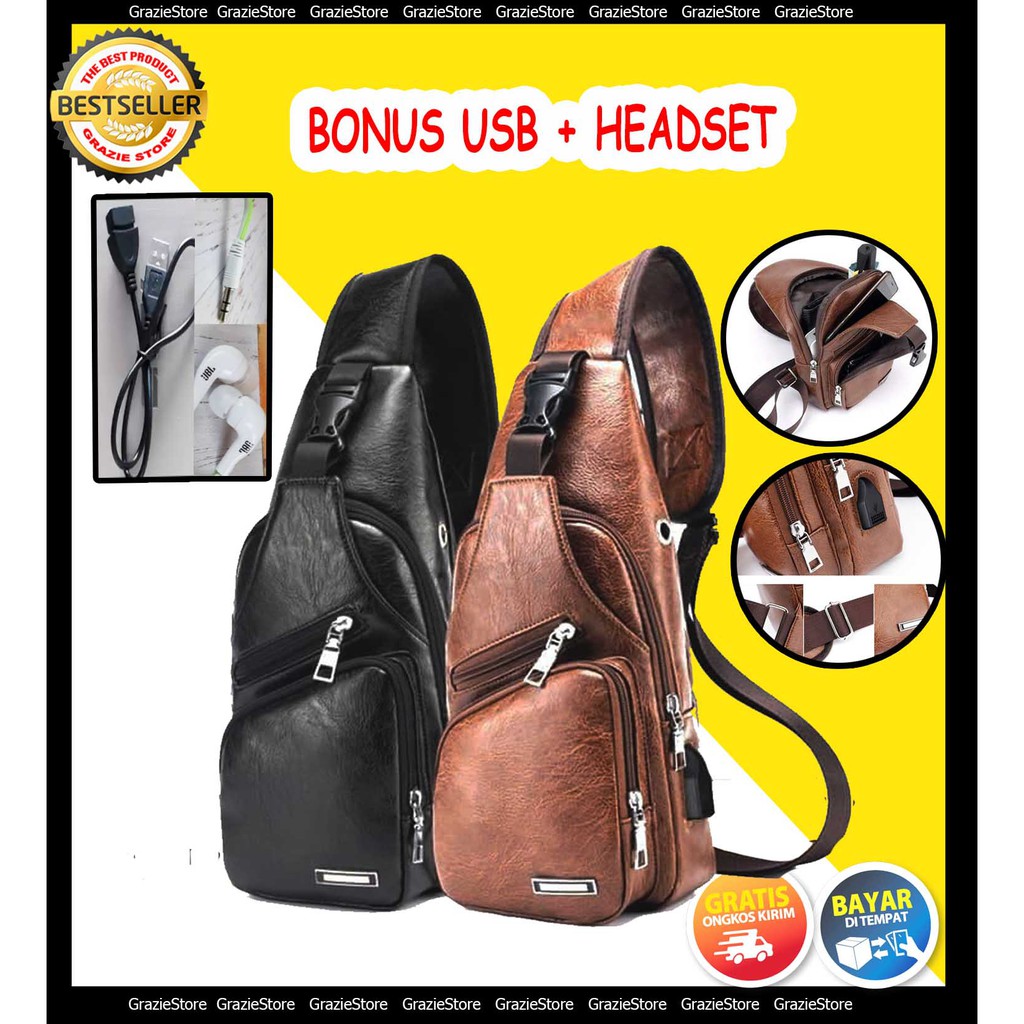 FREE USB &amp; HEADSET SLING BAG TAS SLEMPANG TAS DADA PRIA COWOK KULIT IMPORT TERLARIS