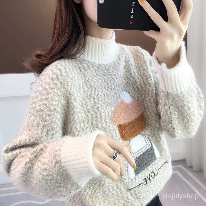 #Sisjuly# Baru Wanita Sweater Longgar Pakaian Luar Wanita Turtleneck Musim Gugur dan Musim Dingin Pu