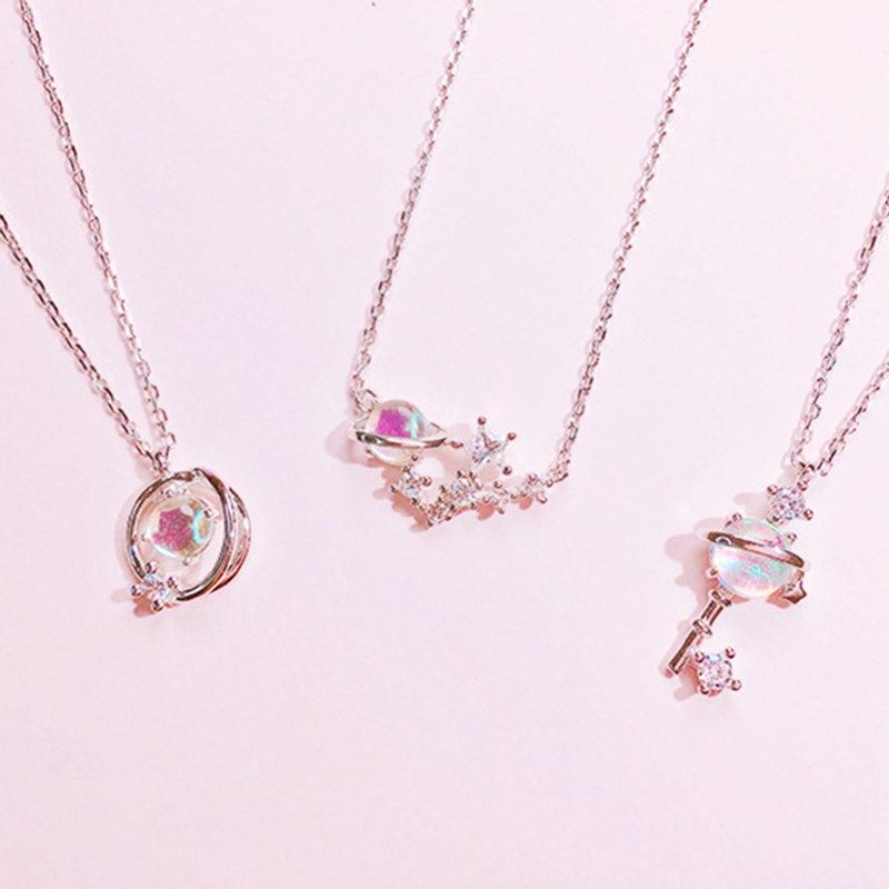 Kalung Liontin Necklace Pink Crystal Planet Pendant Necklaces Women Simple Cute Jewelry Gifts