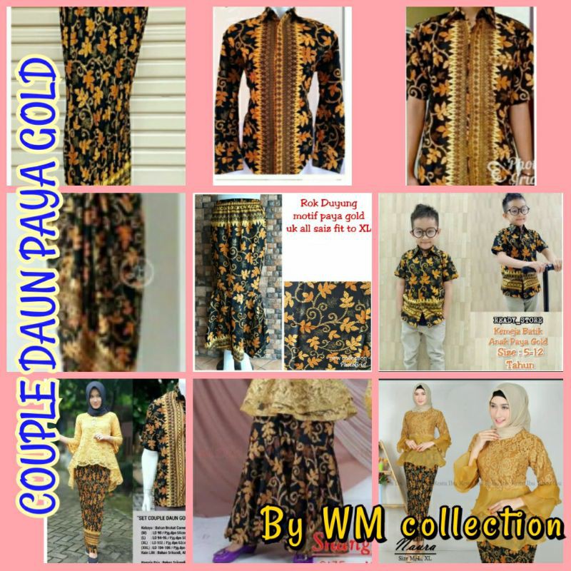 Wm>couple Keluarga Batik Motif Daun Pepaya Gold Couple Batik Kemeja Batik Rok Plusket Murah