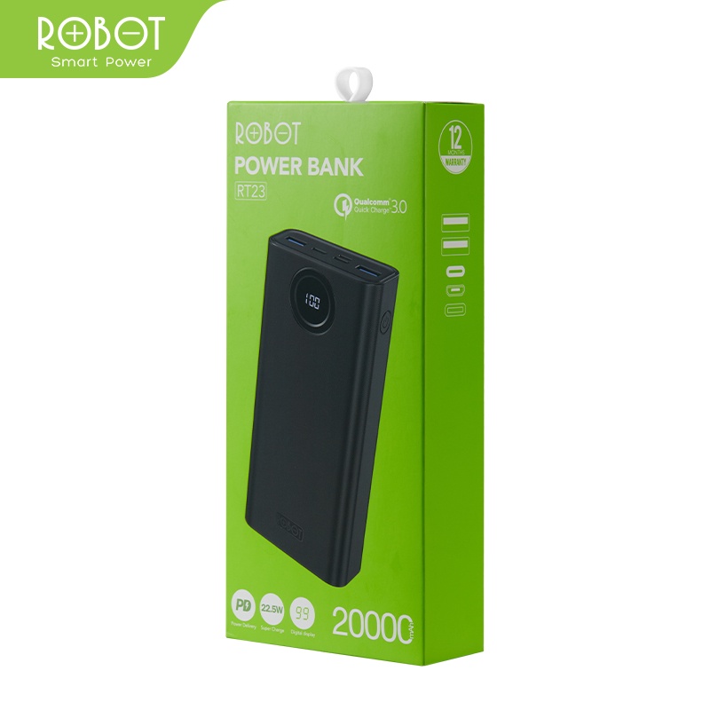 Power Bank ROBOT 20000mah RT23 Quick Charging Powerbank 20000 MAH 3 Port Input &amp; Output Original Led Indicator - Garansi Resmi 1 Tahun