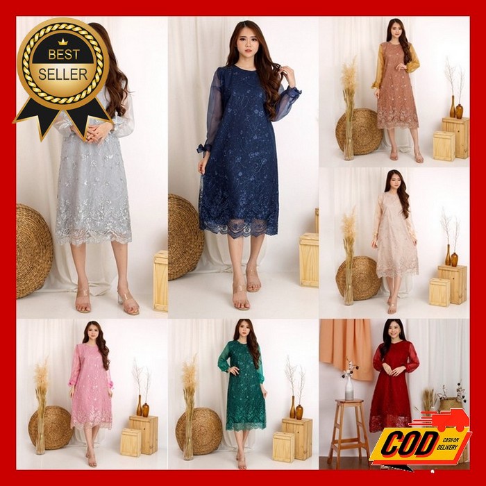 Xylona Dress Brukat Tile Polkadot Soft Peach All Size / Dress Wisuda / Dress Yuri Organdi Brukat T