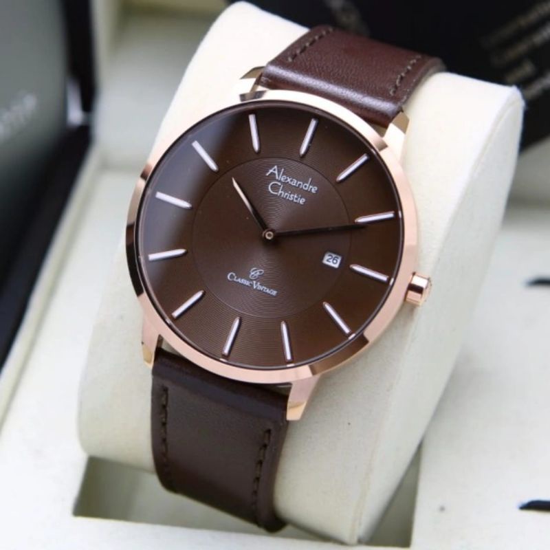 Alexandre Christie Original AC8653 Jam Tangan Pria Tali Kulit coklat rose gold