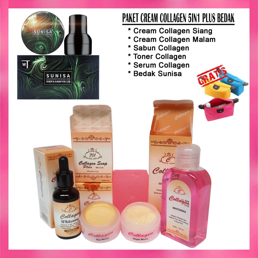 Paket Hemat Skincare Cream Collagen Original Lengkap Plus Bedak Sunisa CC Cream ( Cream Collagen Siang &amp; Malam - Sabun - Toner - Serum + Bedak Sunisa ) Free 1 Pcs Tas Kosmetik