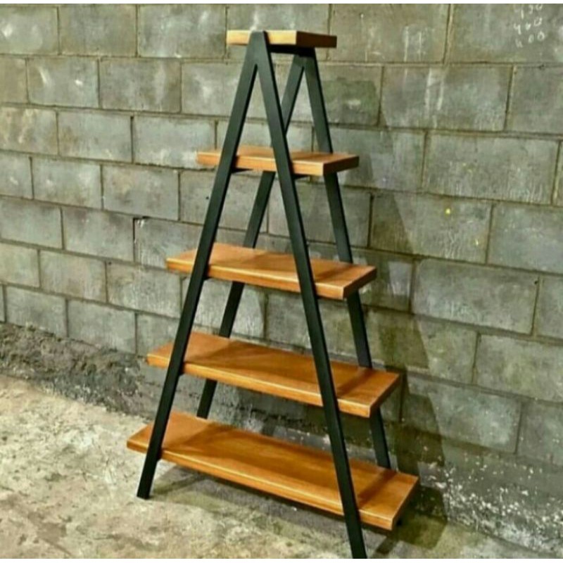 Rak Bunga Besi 5 Susun Segitiga Alas Kayu - Standing Rak Besi Segitiga 5 Susun