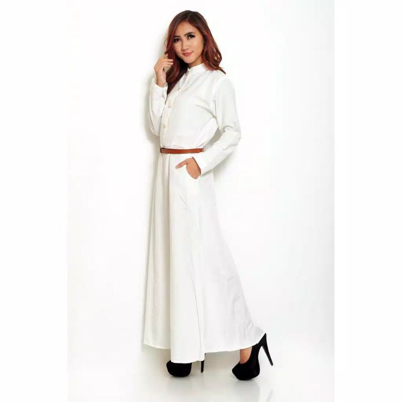 Long Dress Gamis Maxi Tangan Panjang Polos - Givtha Production WHite chambray,