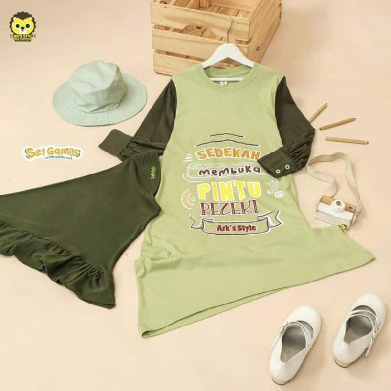[READY] Set Gamis with Sunny Hat by ark's Style, Size 4-12T,  Gamis + Kerudung + Topi, Gamis anak