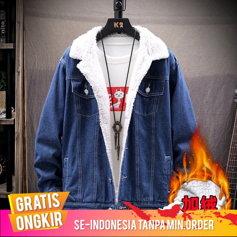 Outerwear Pria 2020 Pria Bulu Berlapis Tebal Denim Pemuda Korea Slim-Fit Berber Fleece Mantel padded