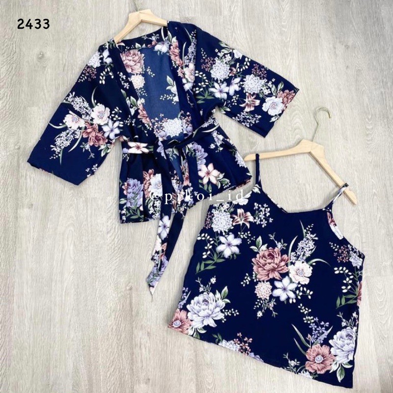 Kimono set summer / cardigan bunga wanita / floral blouse satin / tanktop pantai 2 in 1 camisole 243