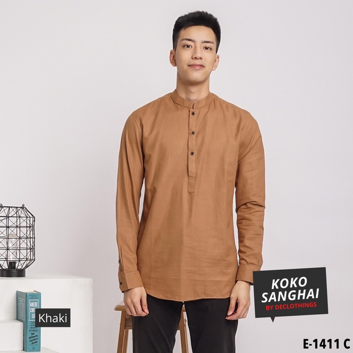 Baju Koko Kurta Pakistan Polos Al mia Muslim Keren Pria Lengan Panjang - E1411C KHAKI, M