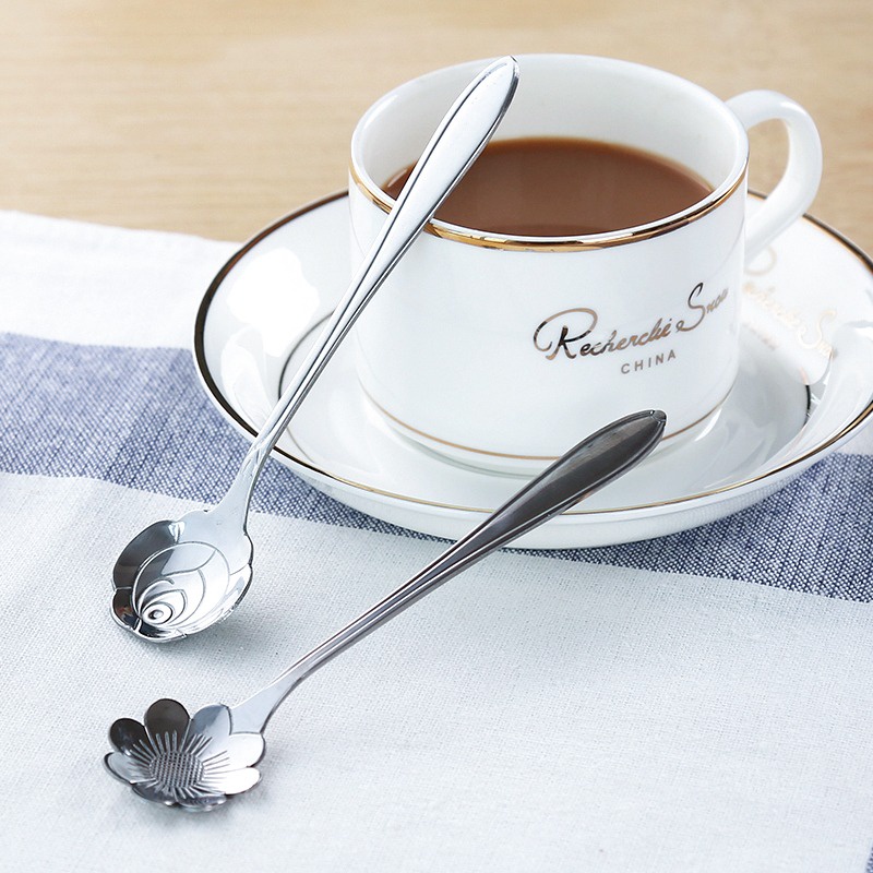 HOVELSHOP Sendok Teh Kopi Pendek Motif Bunga Set Tea Spoon Mewah Stainless Steel