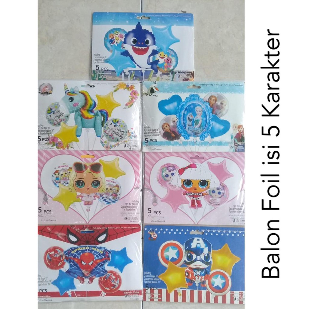 Balon Foil Set 5pcs Karakter Spiderman/Spongebob/Kuda Pony/Mickey/Minnie/Mermaid/LOL/Minnion/Frozen