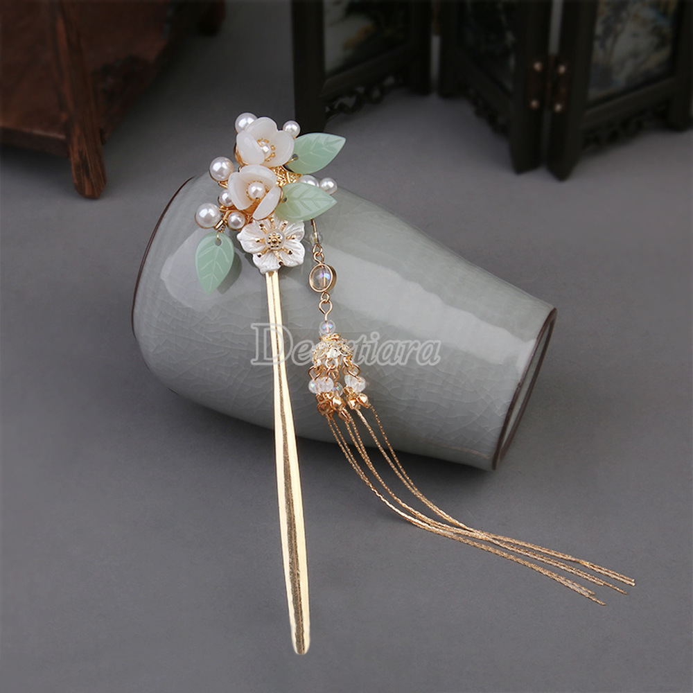 Costume Hanfu Simple Green Hairpin Headdress Ancient Style Hair Accessories Hairpin Super Fairy Single Hairpin Hairpin Tassel Pearl Disc Hair