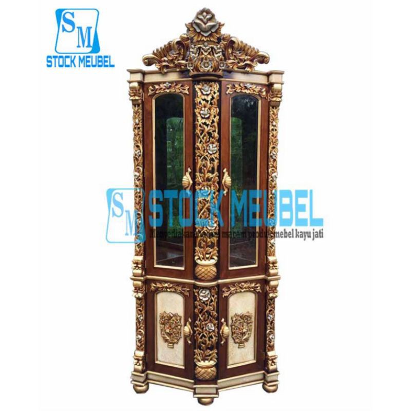 Lemari Sudut Shima Ukir Jepara | Kabinet Pojok Kayu Jati | Almari Hias Kaca Ruang Tamu