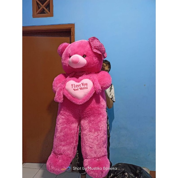 Boneka Beruang Teddy Bear Topi Syal Jumbo Super Jumbo Pink Fanta  SNI Costum Ukir Nama