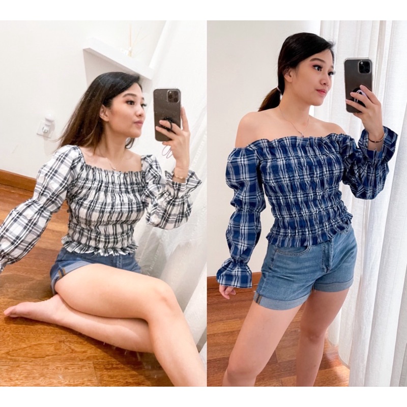 Vanesha Margaretta - Jane Blouse (LD 52cm - 120cm) kotak-kotak sabrina 2 fungsi / Muat sampai XL