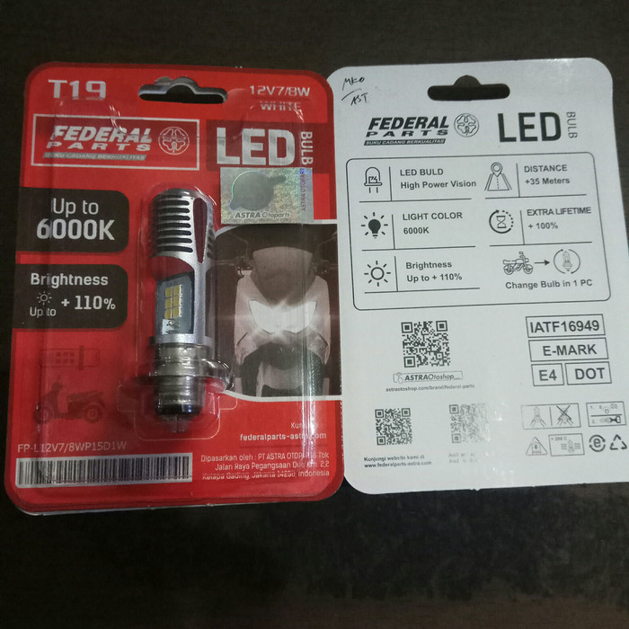 bohlam led FEDERAL ASLI ASTRA kaki 1 T19 M5 12v 7/8w putih
