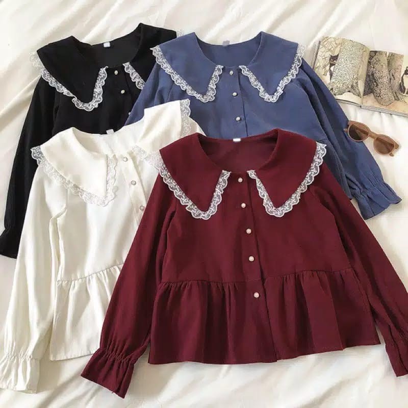 Kemeja Wanita Import - IZZY BLOUSE - Atasan Korean Style - Baju Blouse Wanita -  Busui Creamy Crepe 