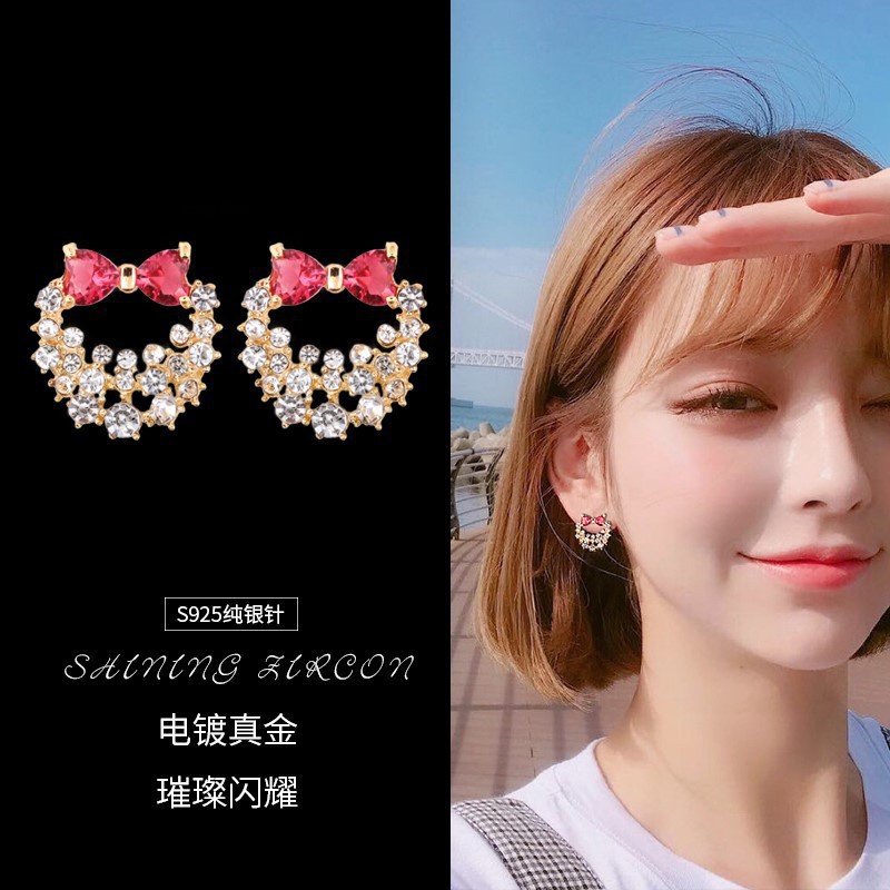 S925 gaya Korea anting-anting berlian merah muda bow perak jarum personalized anting-anting diamond