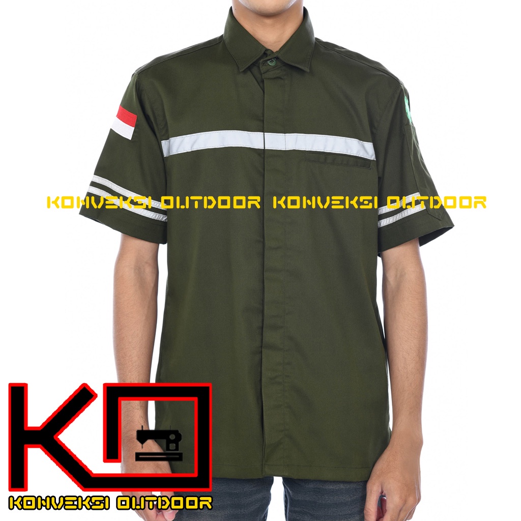 BAJU KEMEJA WEARPACK BAJU SAFETY K3 OUTDOOR INDOOR - Seragam Kemeja Kerja Lapangan Lengan Pendek Proyek Bangunan Tambang Alat Berat PLN Enginer Instalasi Mesin werpek sefti Scotlit Warna Hijau Army Konveksi Outdoor