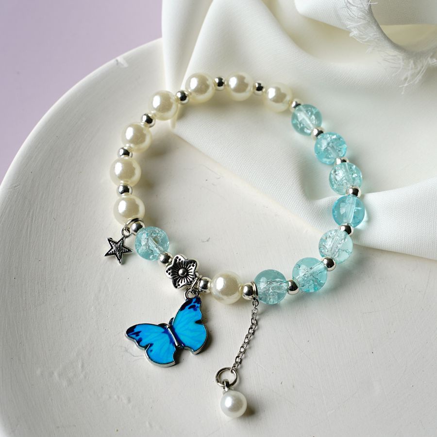 Lovely Crystal Beads Butterfly Charm Fortune Bracelet for Women Girls Wrist Chain Bangle Jewelry