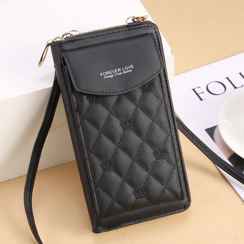 DOMPET HP SELEMPANG WANITA KULIT HITAM EASTON BALERY MAHKOTA BORDIR TALI PANJANG SLING IMPORT BATAM KEKINIAN KOREA