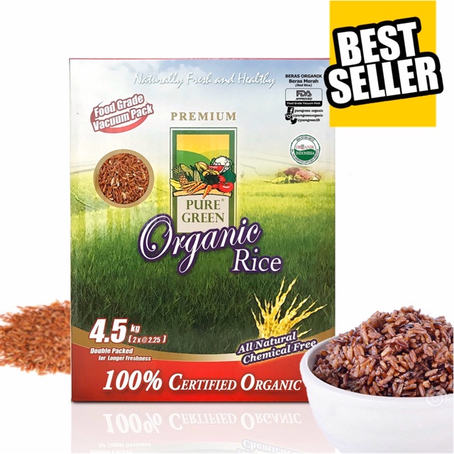 

Beras Merah Pure Green Organik Rice 4,5 kg | Beras Organik untuk diet | MPASI