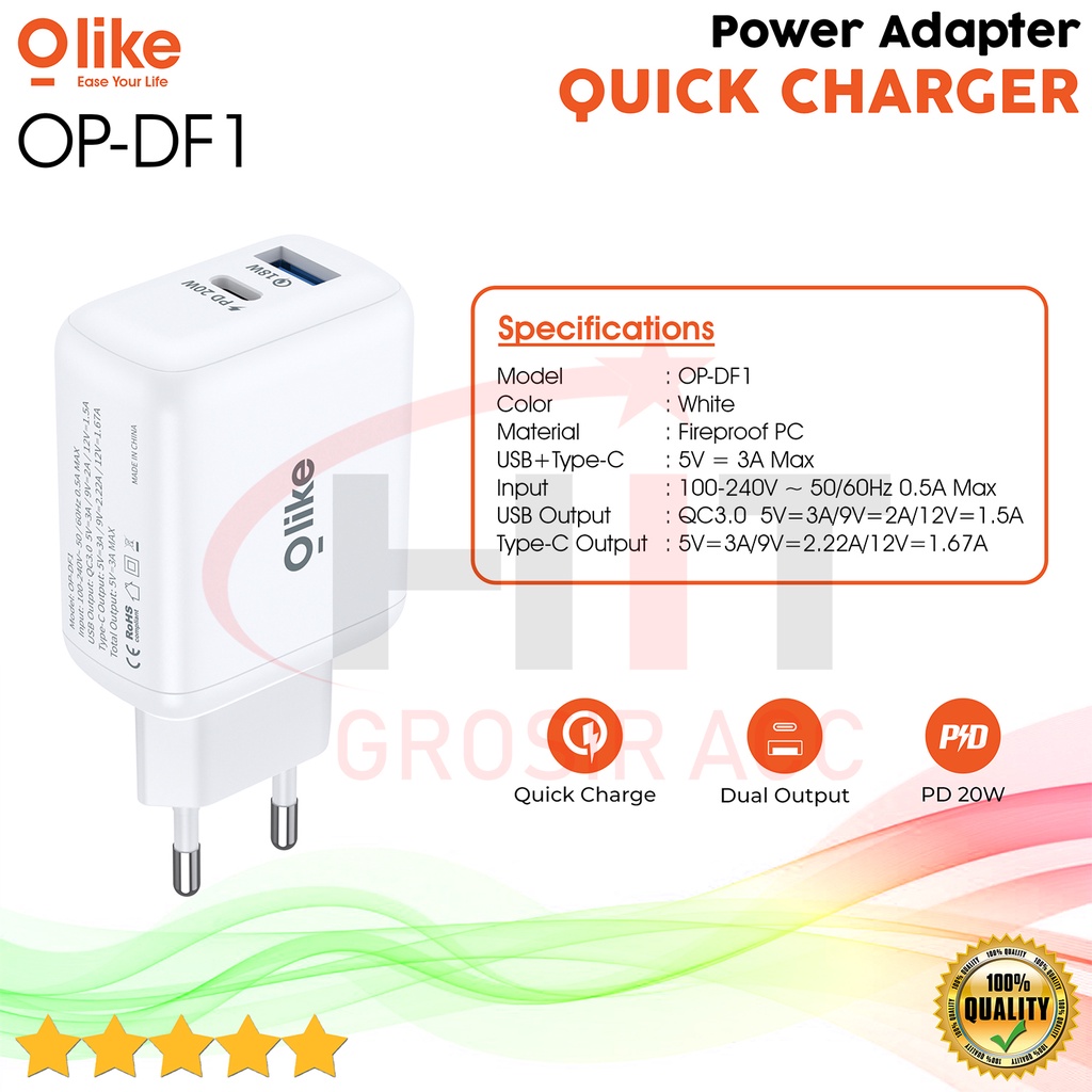 Power Adapter Olike Qualcomm Quick Charge 3.0 Dual Port OP-DF1