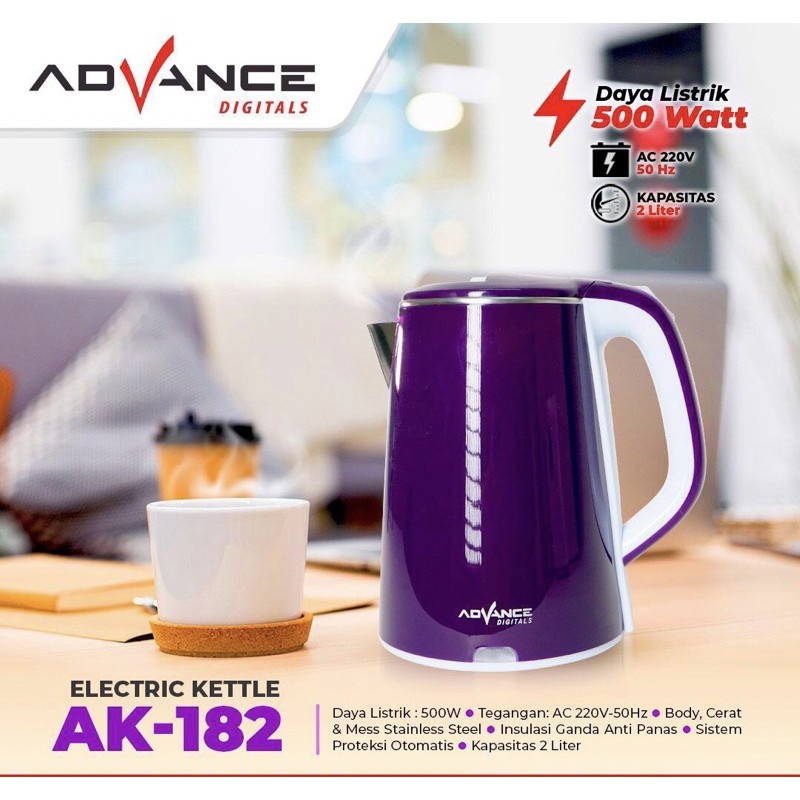 TEKO KETTEL LISTRIK ADVANCE AK 182 AK182 KAPASITAS BESAR 2 LT LOW WATT