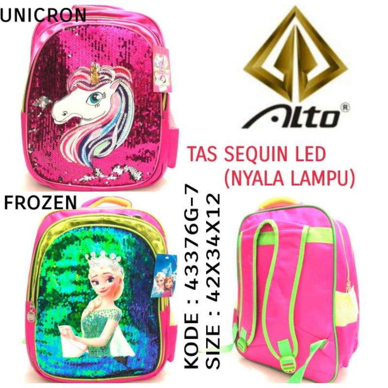 TAS SEKOLAH RANSEL BACKPACK COWO ALTO 43376G-7 TAS SEQUIN LED DAN USAP KARAKTER CEWE