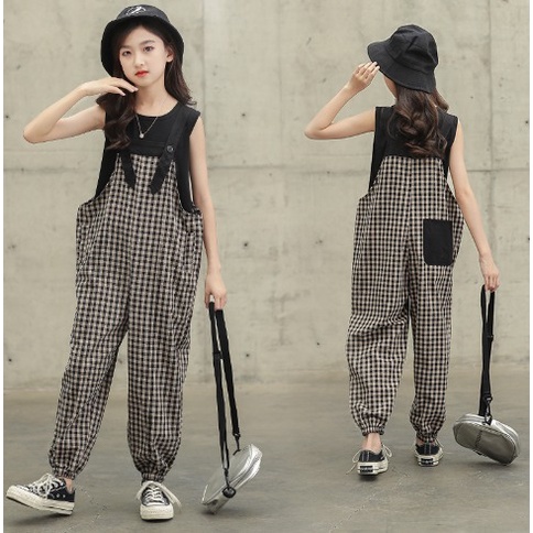 setelan fashion import anak perempuan overall jumpsuit kotak coklat hitam terbaru keren