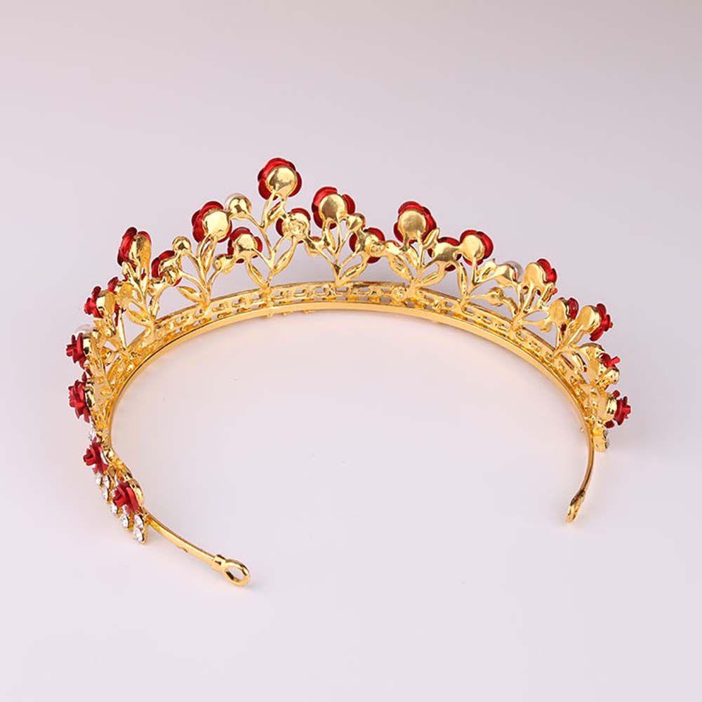 Needway Tiara Pengantin Perhiasan Pernikahan Vintage Warna Emas Bando Mawar Merah Berlian Imitasi Rambut Mahkota