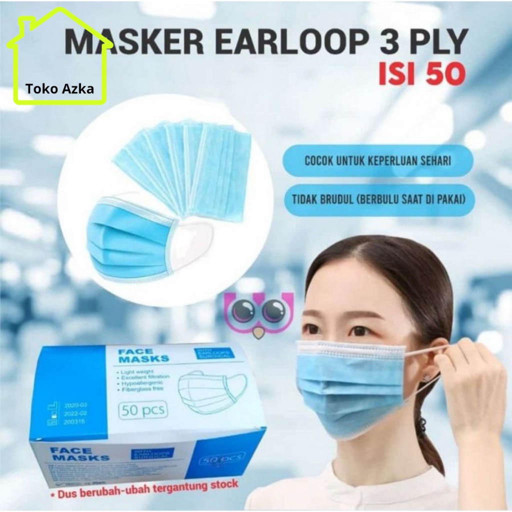 Masker Earloops &amp; Headloop isi 50pcs Face Mask 3ply