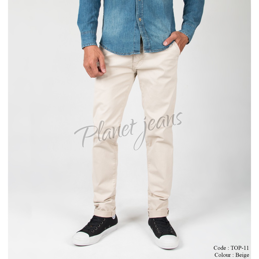 Celana Chino Pants Pria Cream Beige Slimfit Tapered TOP11-Beige