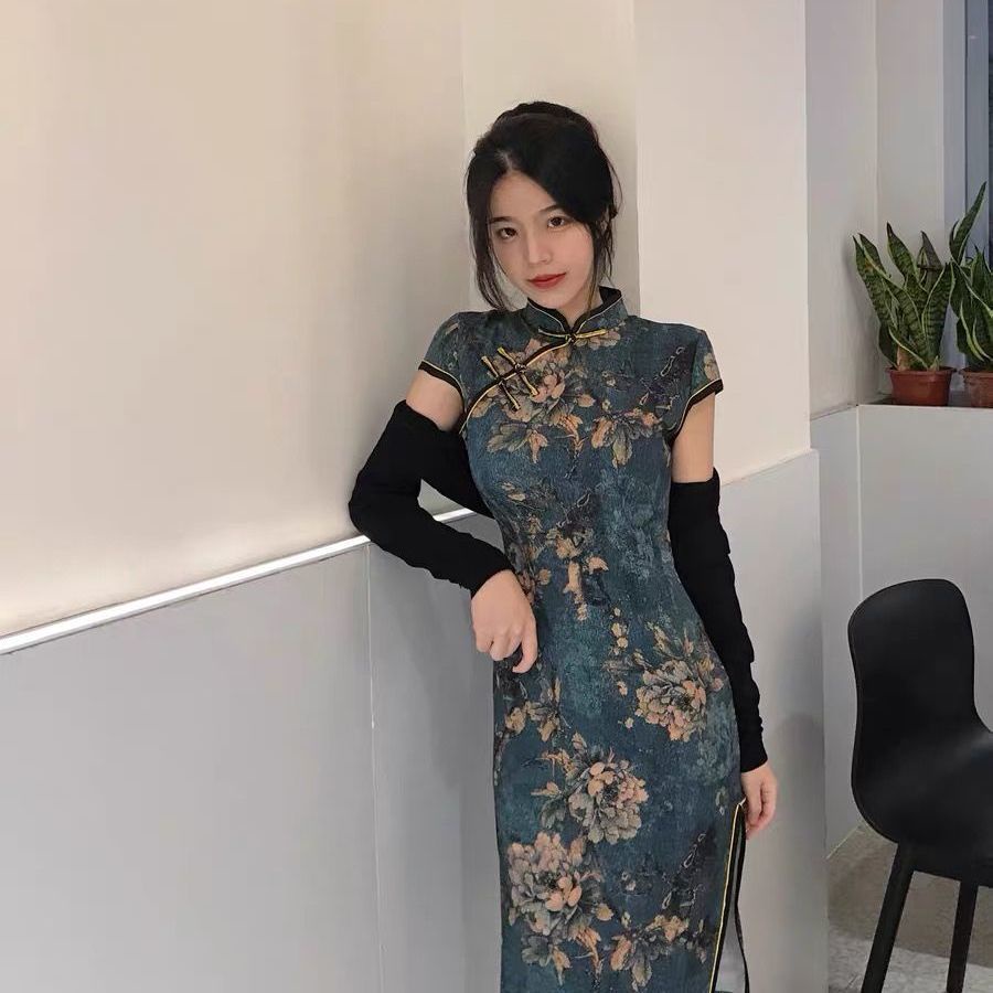 Young cheongsam modified girl's high-grade cheongsam skirt length Chinese style retro cheongsam dres