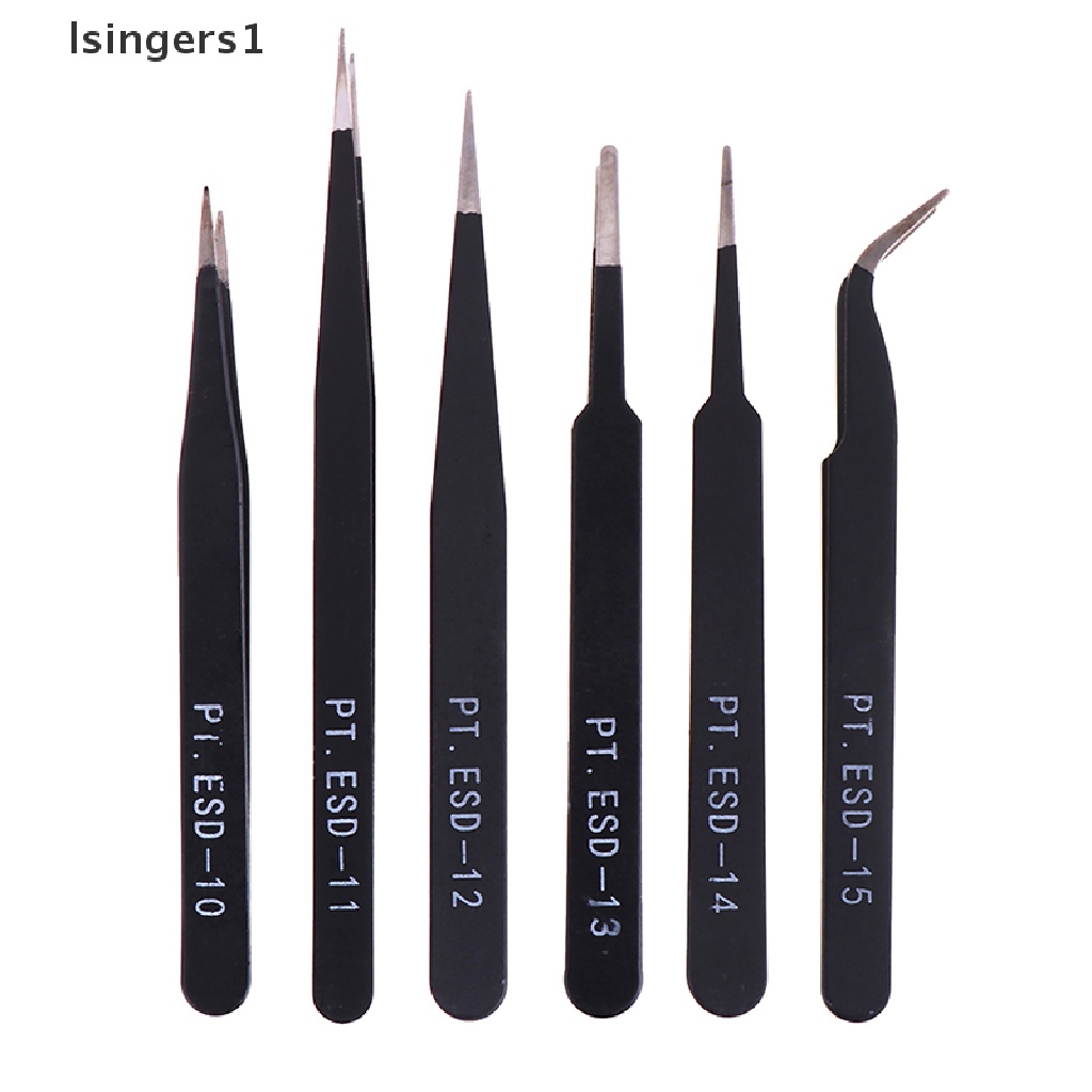 (lsingers1) 6pcs / Set Pinset Lurus / Melengkung anti Statis Untuk Reparasi esd