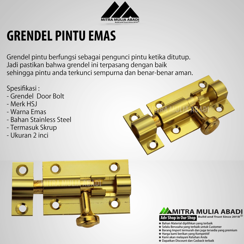 Slot Pintu Kuning/ Barrel Bolt- Jendela Plat Tebal Grendel 2&quot; Inci