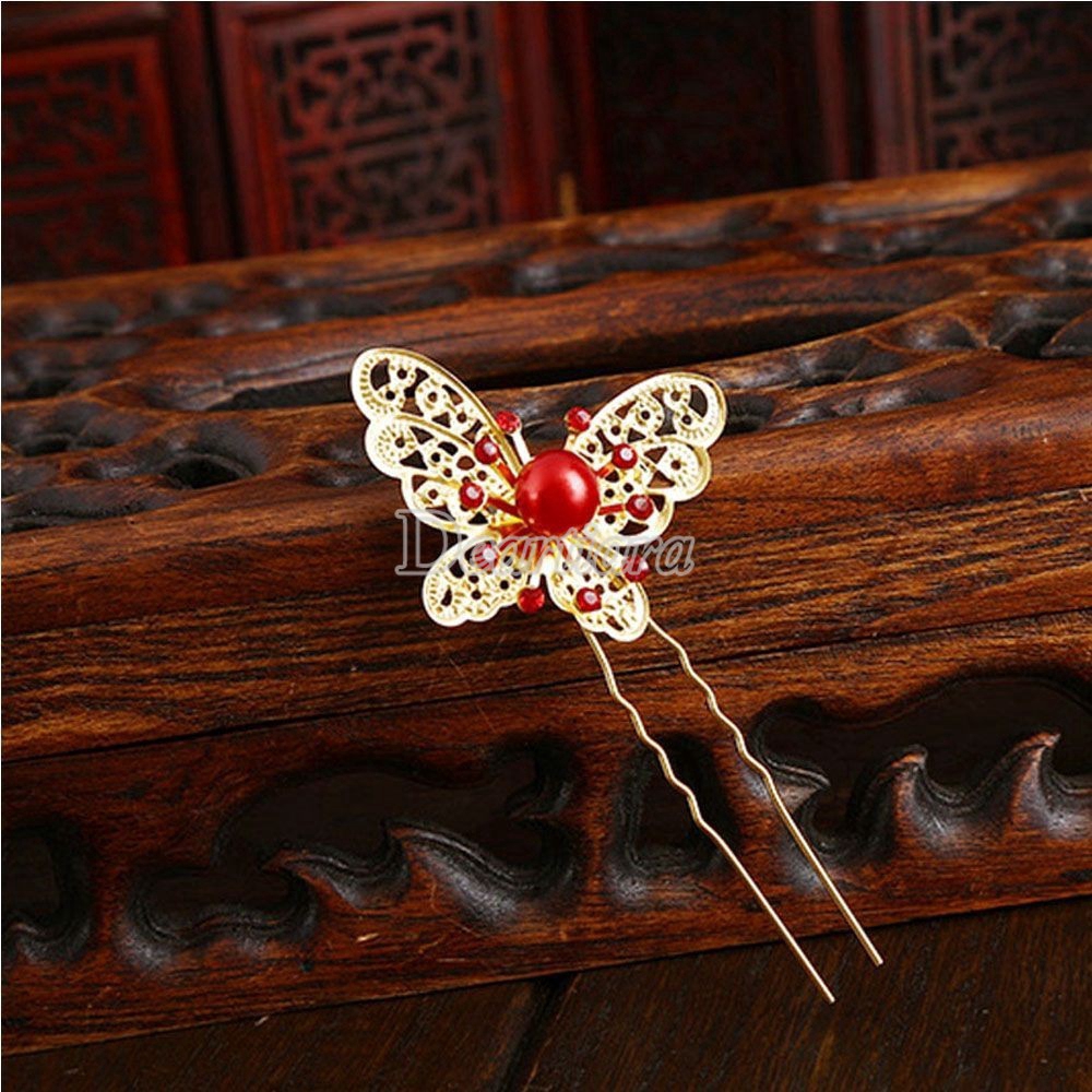 The Bride Accessories Butterfly Fork Sparkling Silver Pearl Hairpin Wedding