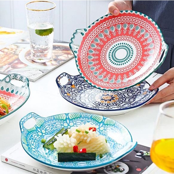 Plate Boho Binaural Ceramic Dish Baking / Piring Bulat Keramik Unik