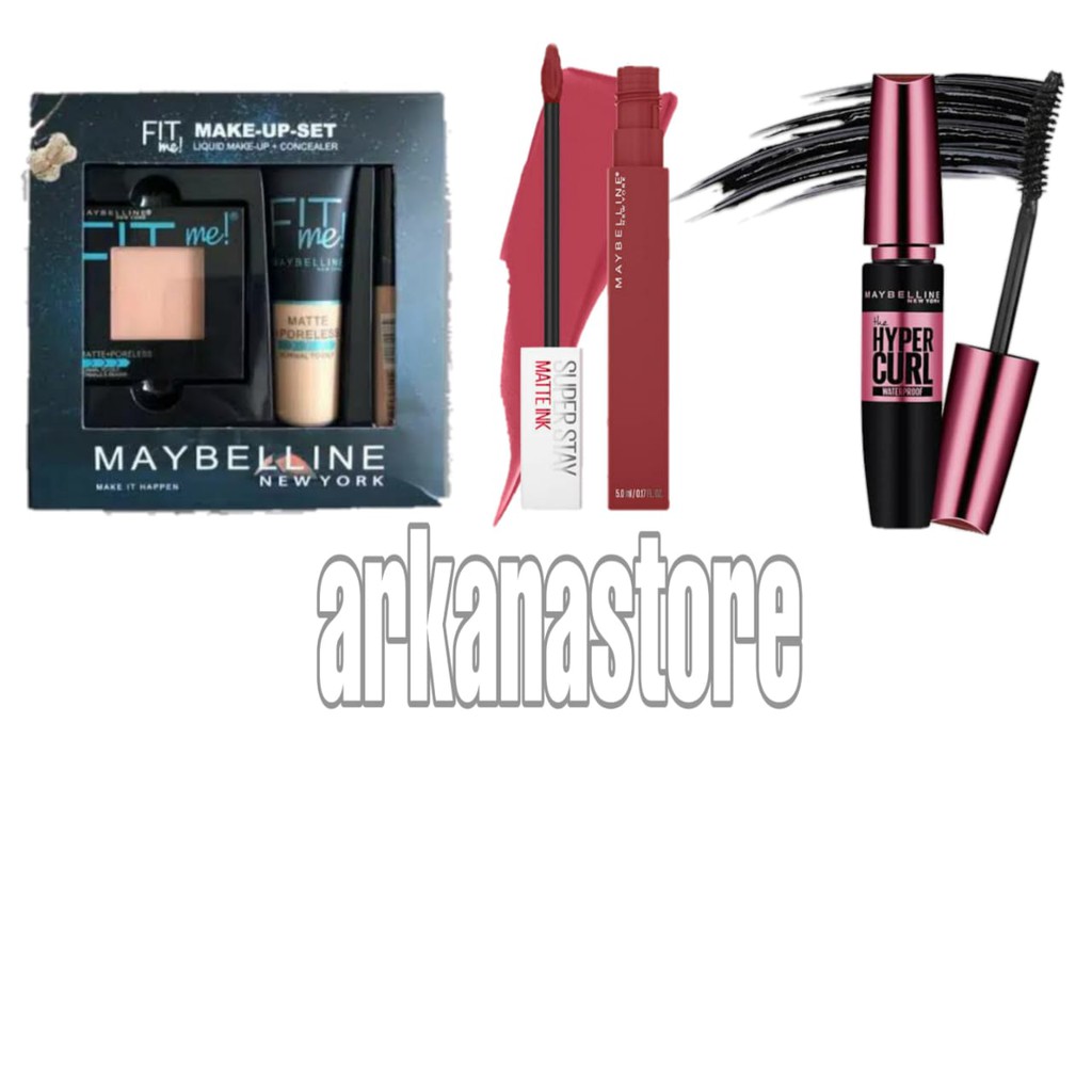 Paket makeup Maybelline fit me 5 in1 / Paket Kosmetik Maybelline 5 in 1 - Bedak + Foundation + Concealer + Mascara Maybelline + Lipcream Maybelline Superstay Matte ink