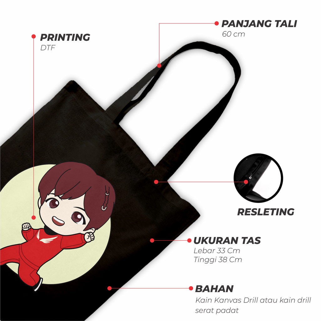 Sevine Totebag Tas Wanita Tote bag Resleting Cetak DTF Black Series Korean Style - CH3