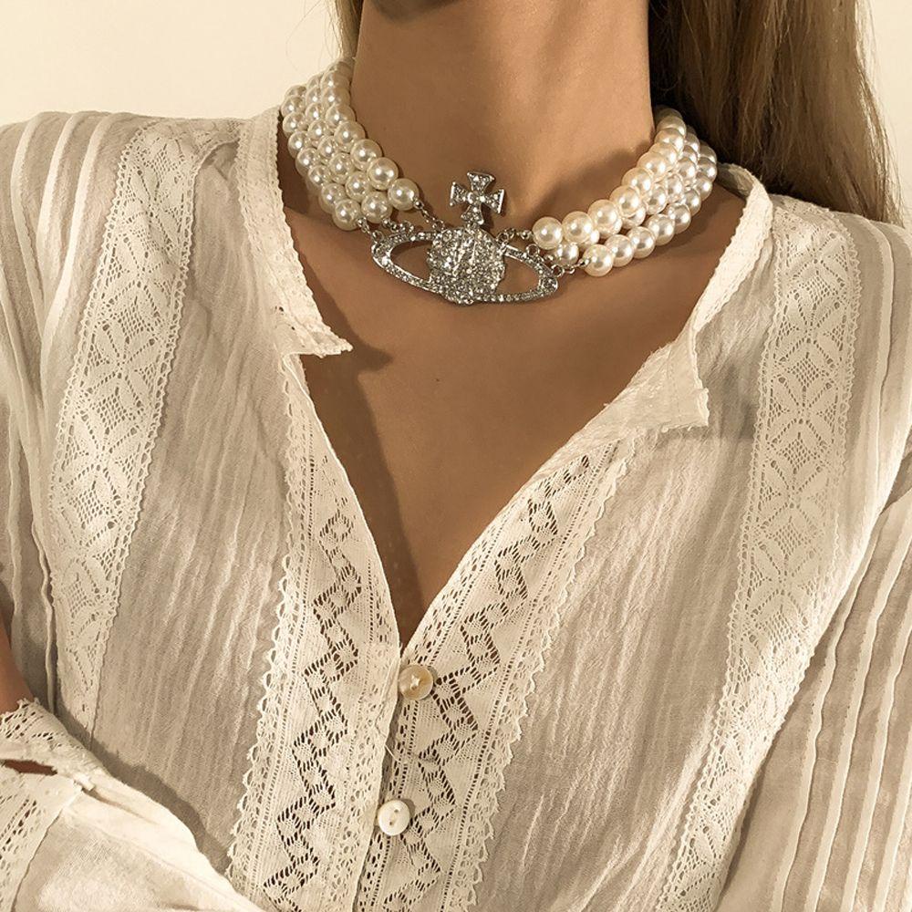 Needway Wanita Kalung Elegan Perhiasan Hadiah Mutiara Berlian Imitasi Salib Saturnus Liontin Alloy Perhiasan Aksesoris